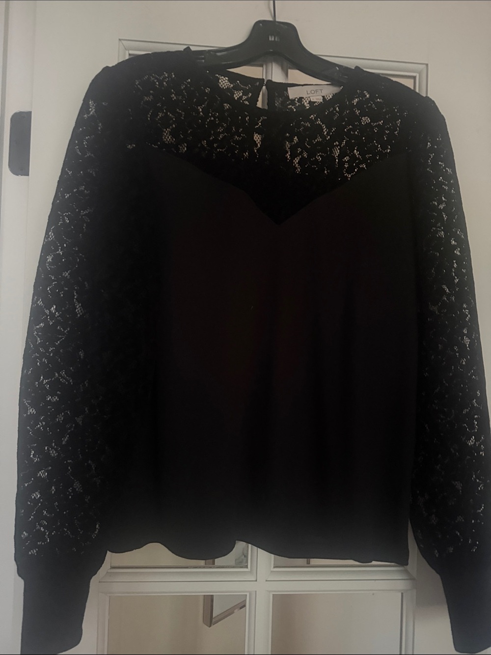 LOFT Black Velvet Lace Yoke Long-Sleeve Blouse M